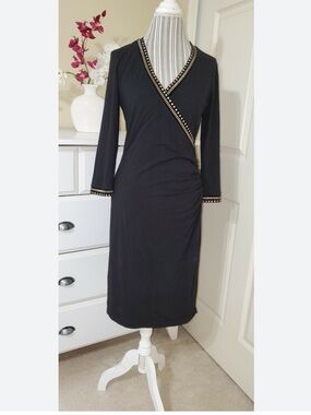 Cache Long-Sleeve Black Stretch Studded Faux Wrap Sheath Midi Dress